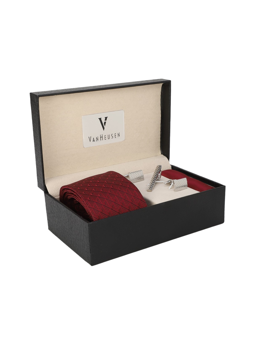 

Van Heusen Men Maroon Pocket Square Tie Cufflink And Tie Pin Accessory Gift Set