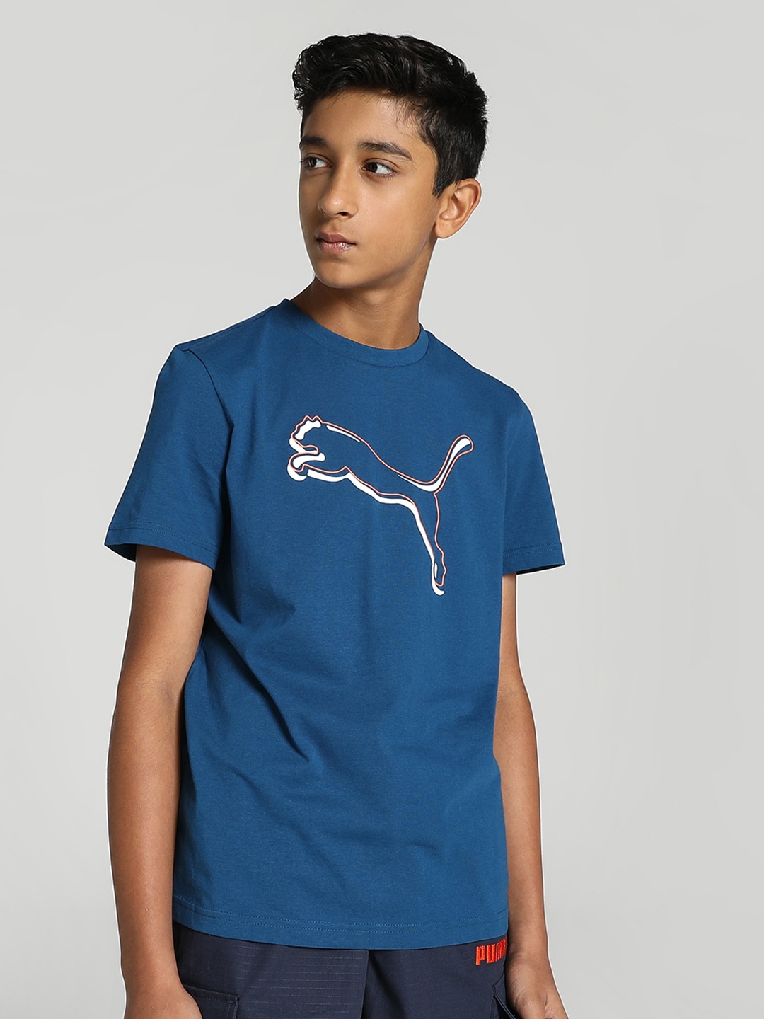Puma Kids Blue Brand Logo Printed Shaded-Cat Youth T-shirt