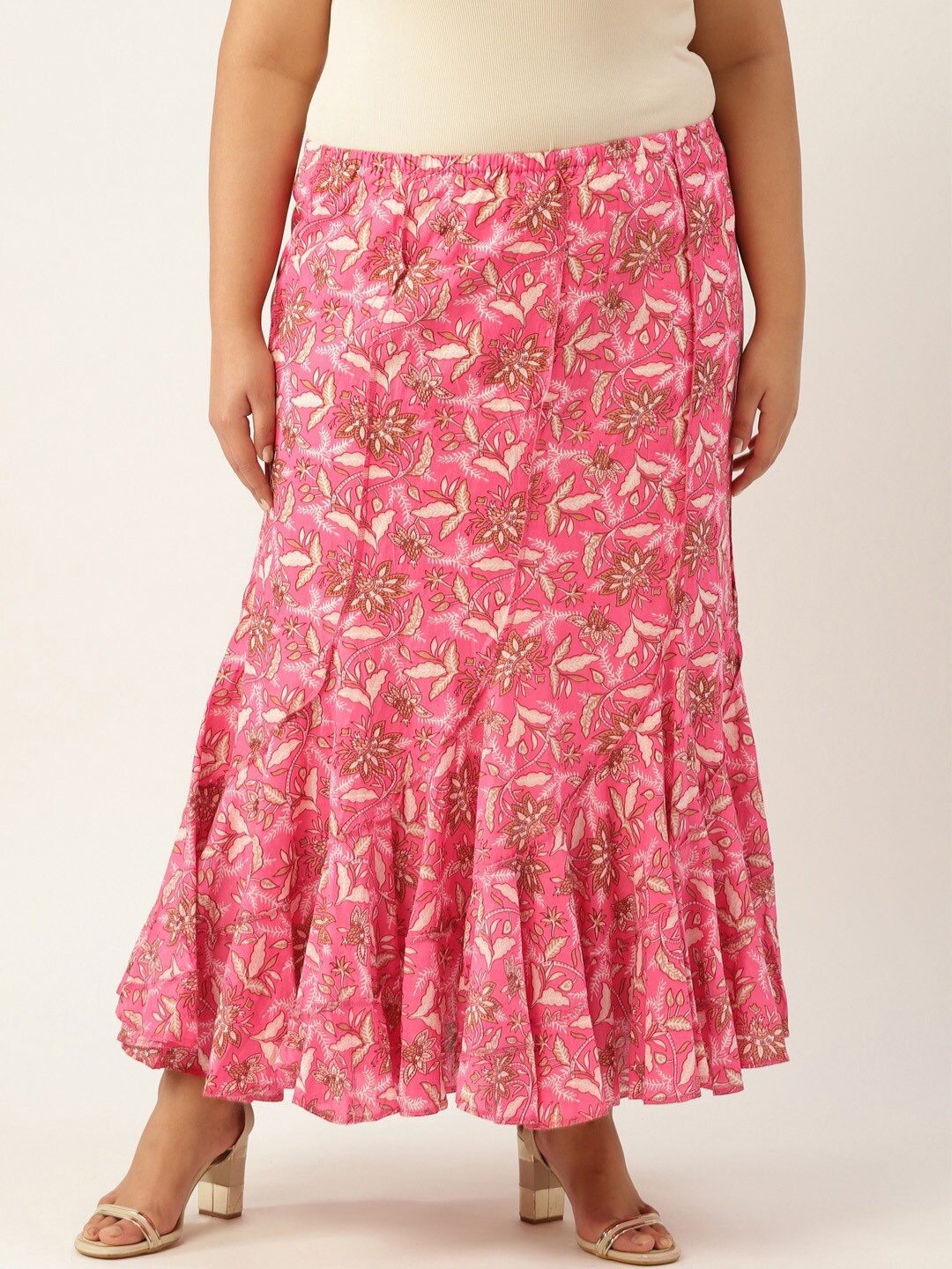 

theRebelinme Plus Size Women Pink Printed Pure Cotton Maxi Flared Skirt