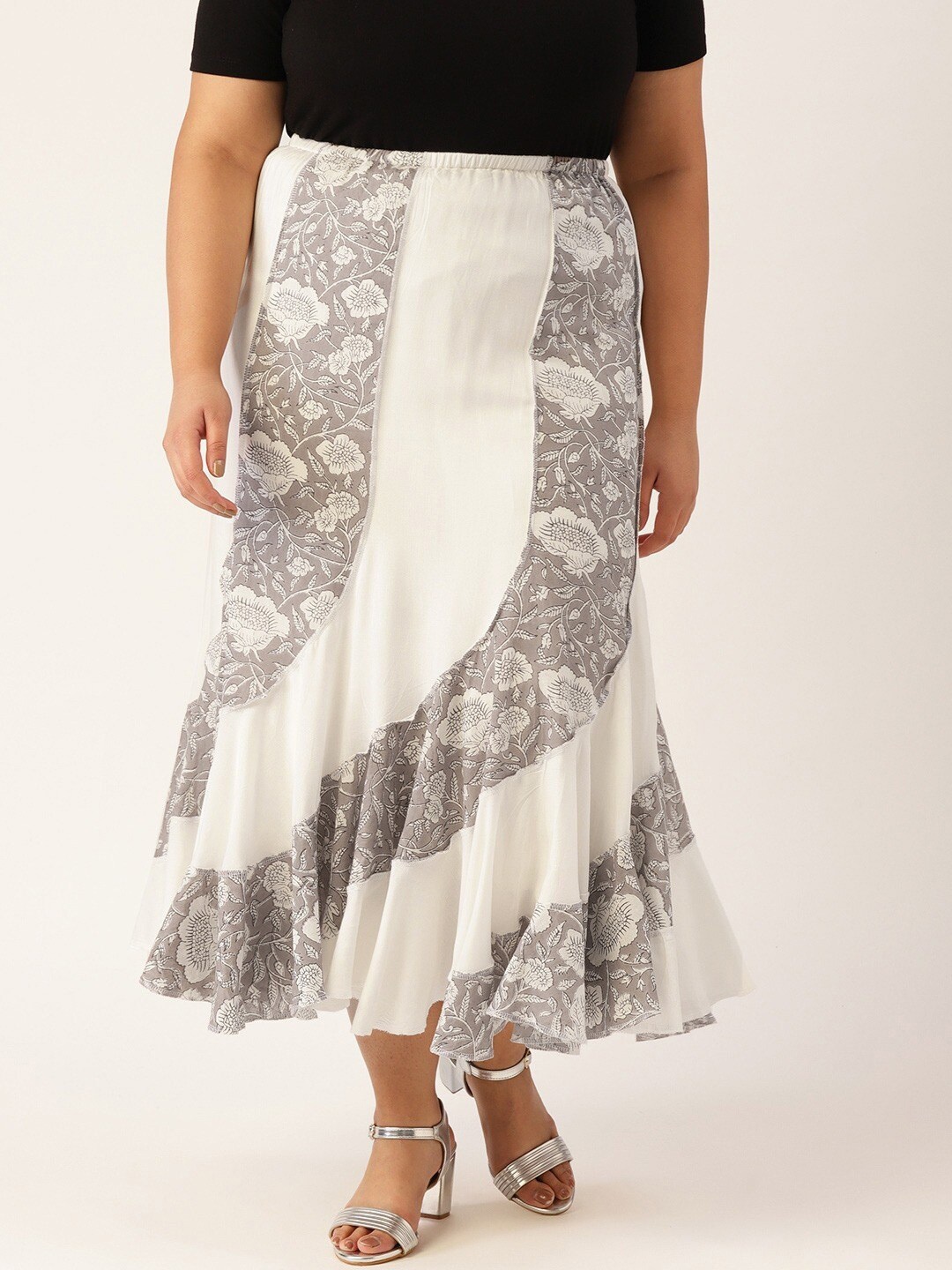 

theRebelinme Plus Size Women Grey Floral Printed Pure Cotton Pleated Skirt