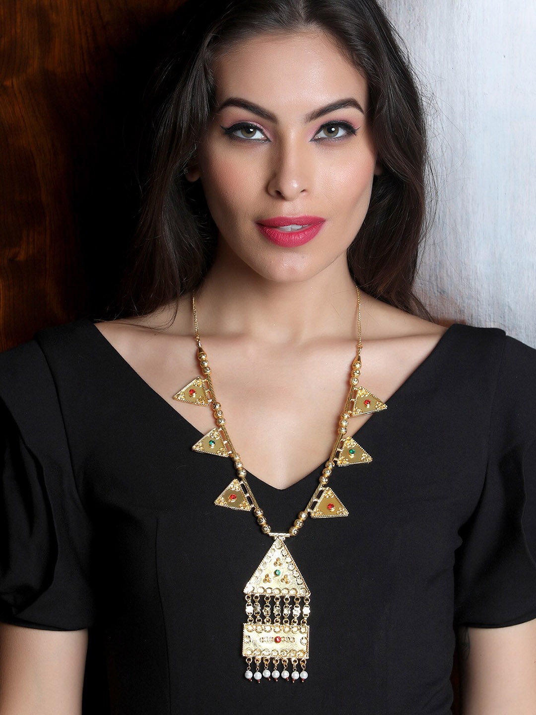 

ODETTE Gold-Plated Red & Green Stone Studded Jewellery Set