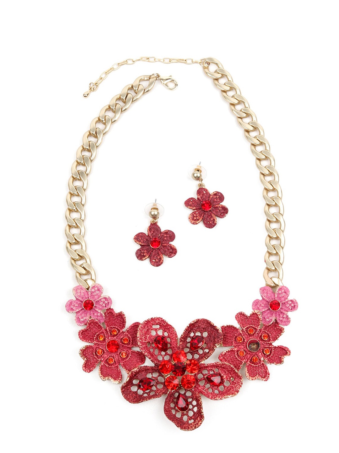 

ODETTE Women Gold-Plated Red Stoned Studded Flower Design Jewelry Set