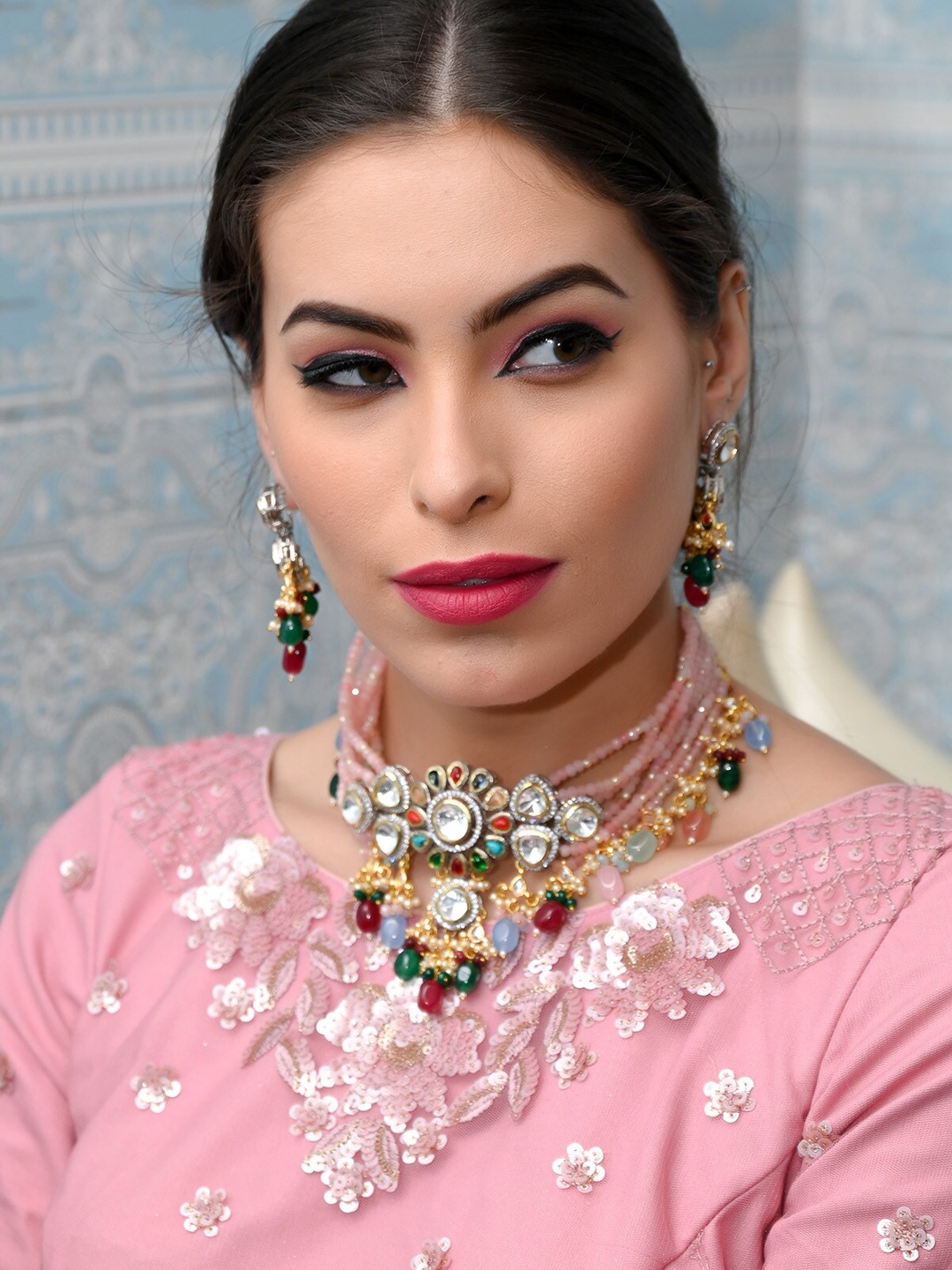 

ODETTE Silver-Plated Pink & White Stone Studded & Pearl Beaded Jewellery Set