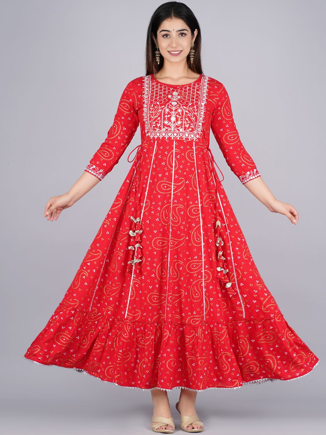 

FABISTA Women Red Bandhani Printed Mirror Work Anarkali Kurta
