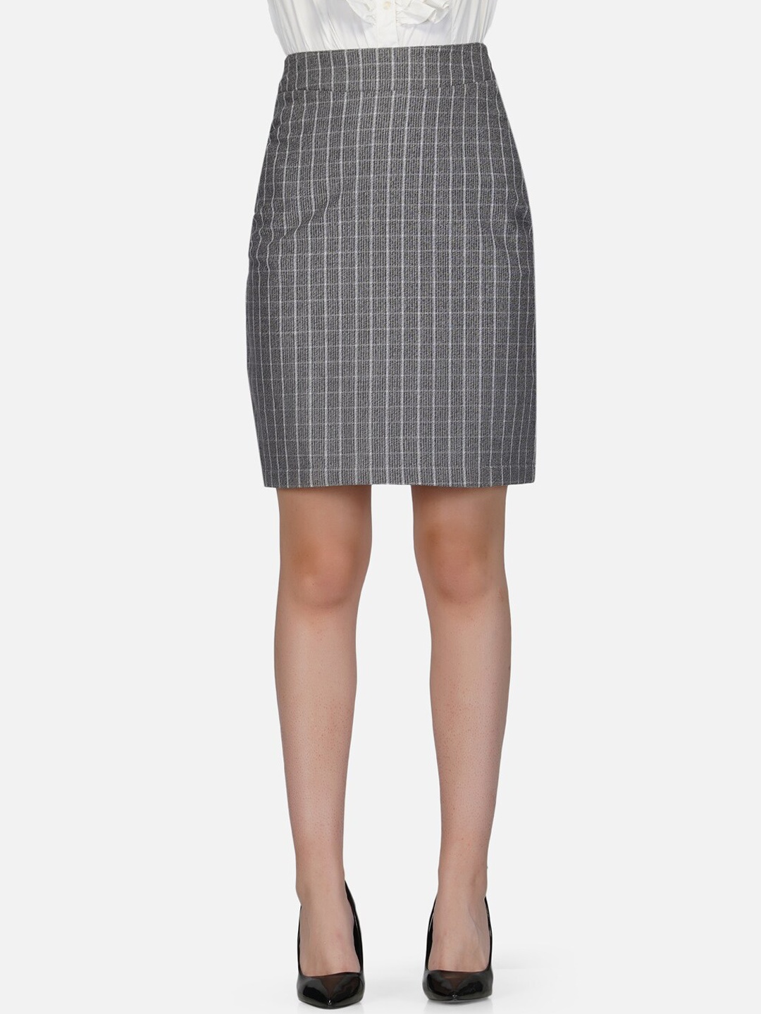 

IMPERATIVE Women Grey Checked Above Knee Length Pencil Pure Cotton Skirts