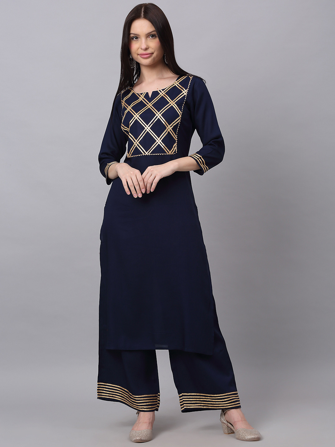 

DORIYA Women Navy Blue Yoke Design Gotta Patti Kurta with Palazzos
