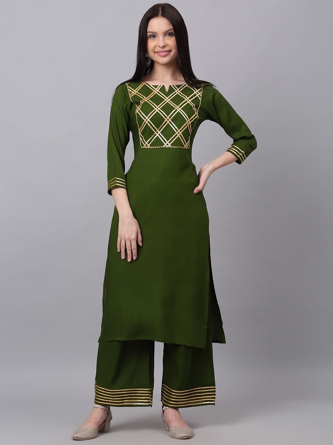 

DORIYA Women Green Yoke Design Gotta Patti Kurti with Palazzos