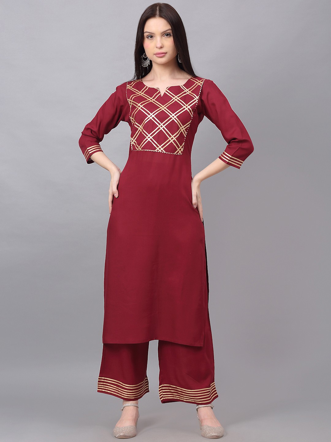 

DORIYA Women Maroon Yoke Design Gotta Patti Kurta with Palazzos