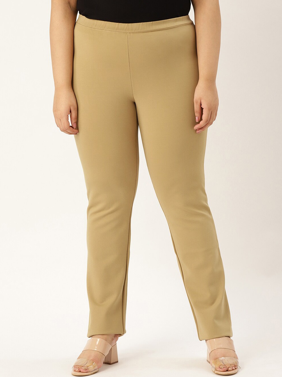 

theRebelinme Women Plus Size Beige High-Rise Trousers