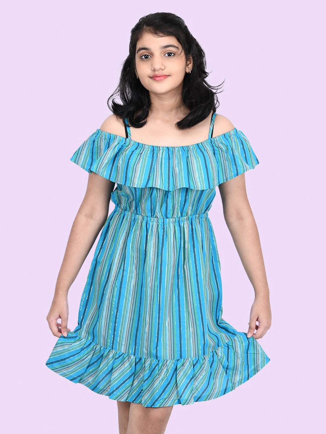 

Zalio Girls Blue Striped Fit and Flare Cotton Dress