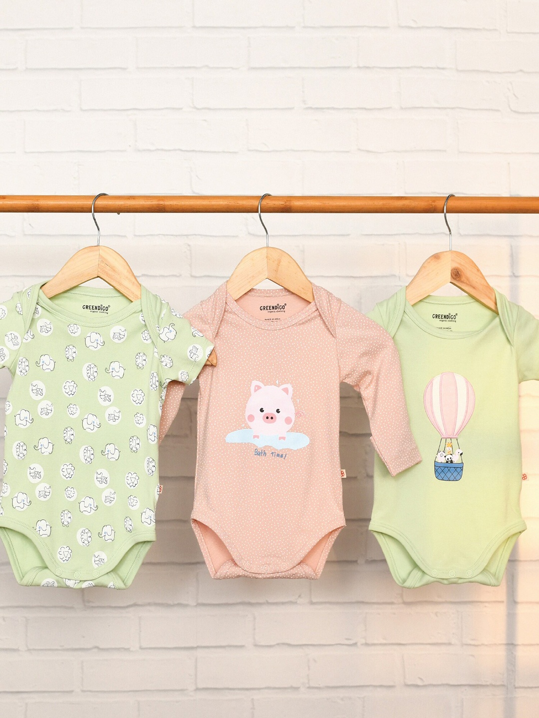 

GREENDIGO Unisex Kids Pack Of 3 Printed Organic Cotton Bodysuits, Green