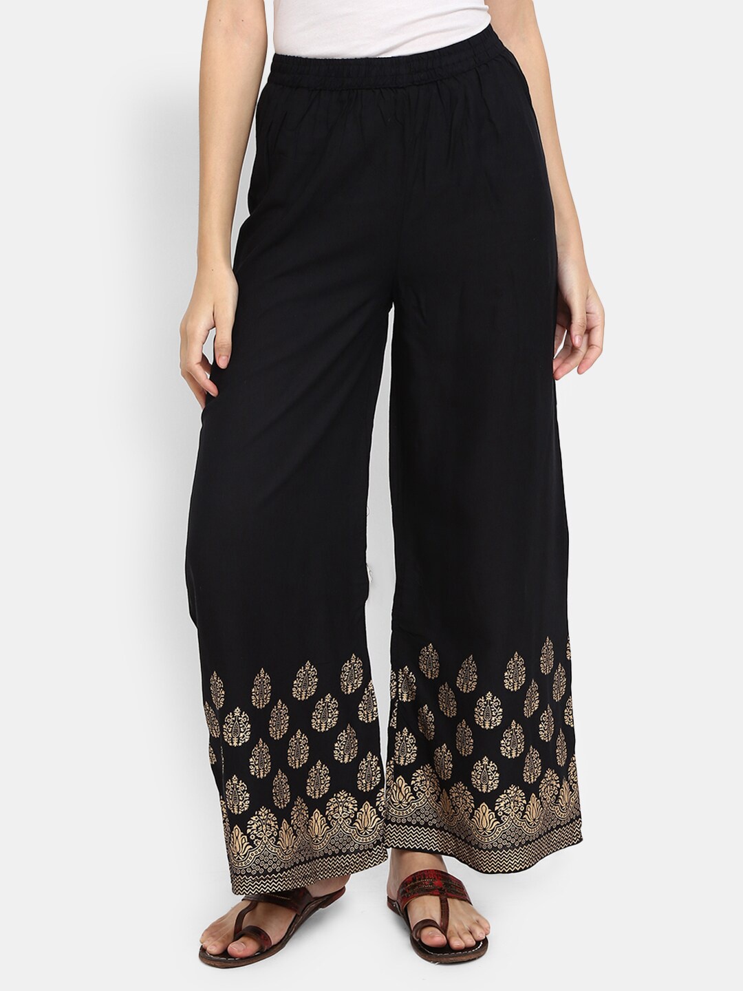 

V-Mart Women Black & Golden Ethnic Motifs Printed Flared Ethnic Palazzos
