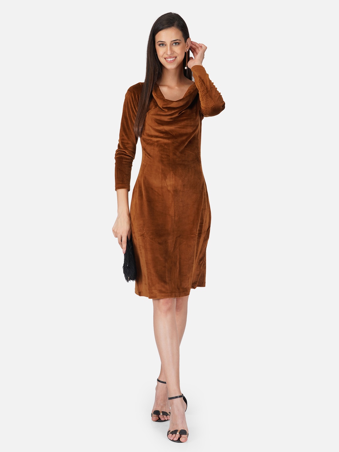 

Tinted Women Brown Cowl Neck Velvet Sheath Dress