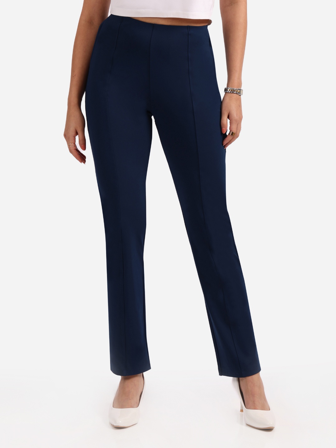 

Blissclub Women Smart Straight Fit High-Rise On The Go Straight Pants With Pintuck Design, Navy blue