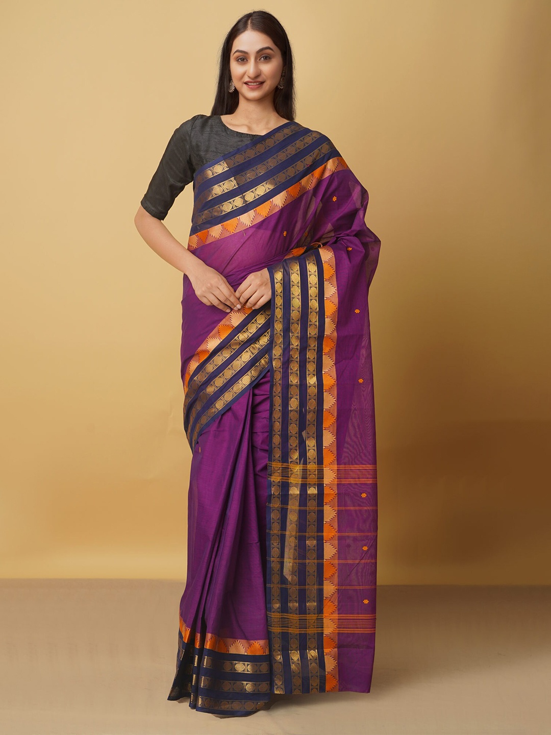 

Unnati Silks Purple & Gold-Toned Woven Design Zari Pure Cotton Kanjeevaram Saree