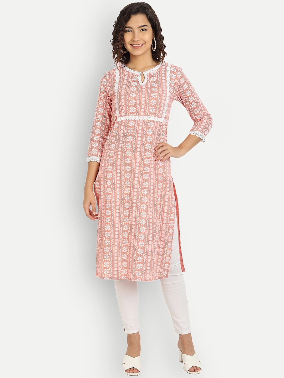 

Haute and Humble Women Peach-Coloured & White Printed Pure Cotton Keyhole Neck Kurta