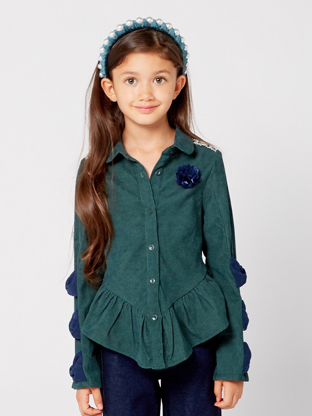 

One Friday Girls Green Self Design Shirt Style Top