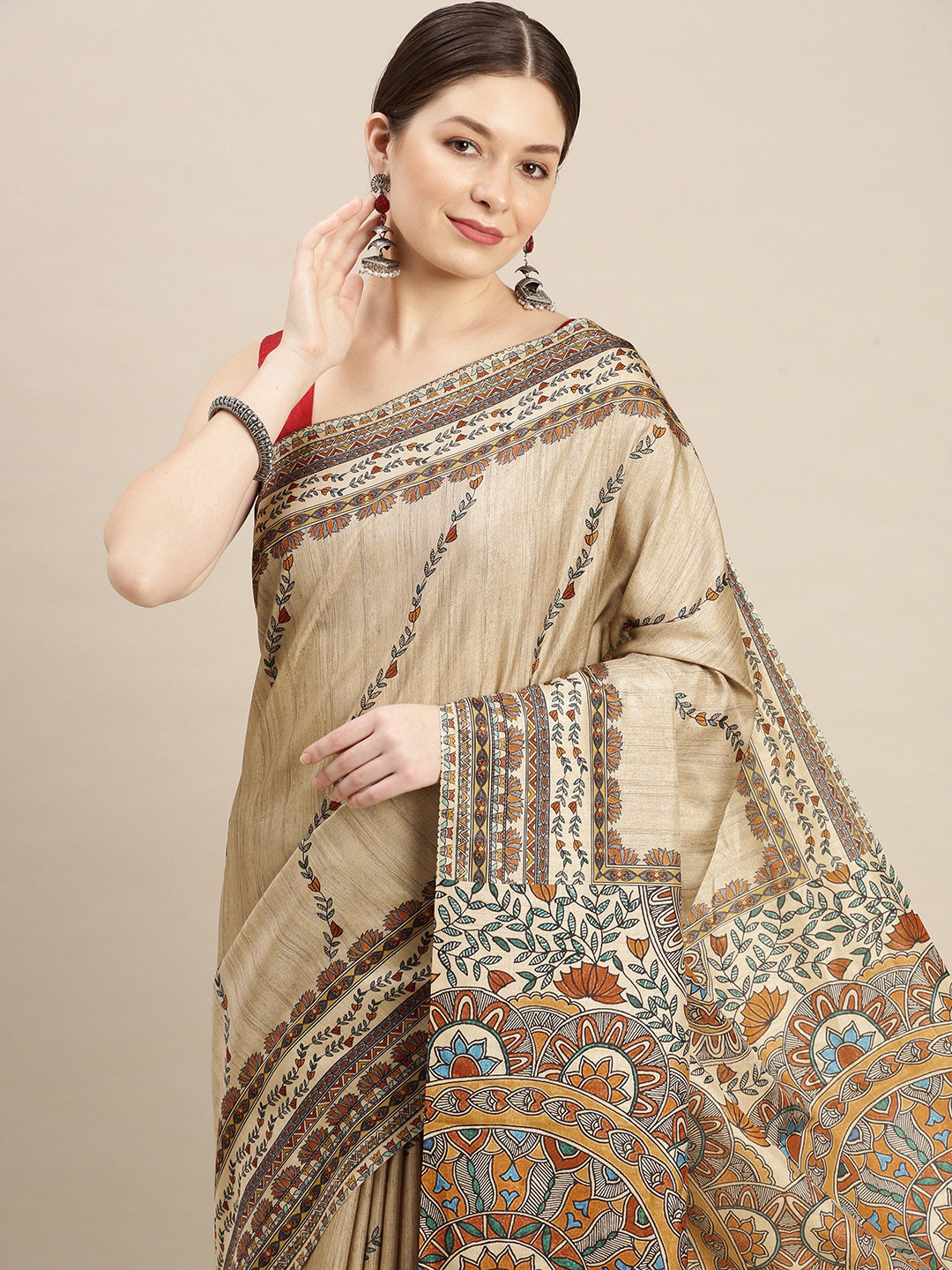 

Mitera Ethnic Motifs Printed Saree, Beige