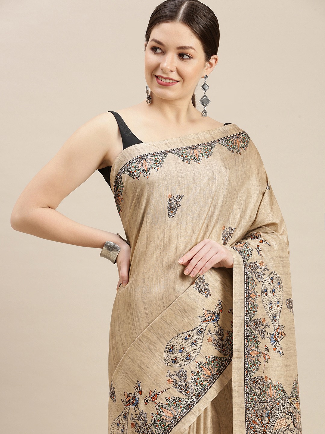

Mitera Ethnic Motifs Printed Saree, Beige