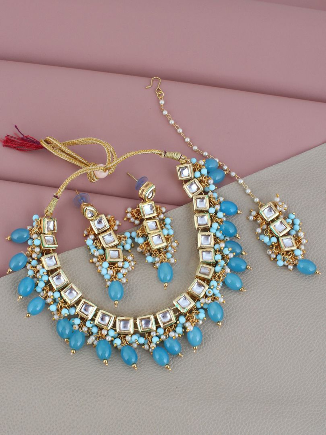 LUCKY JEWELLERY Gold-Plated White & Turquoise Blue Kundan-Studded & Beaded Jewellery Set