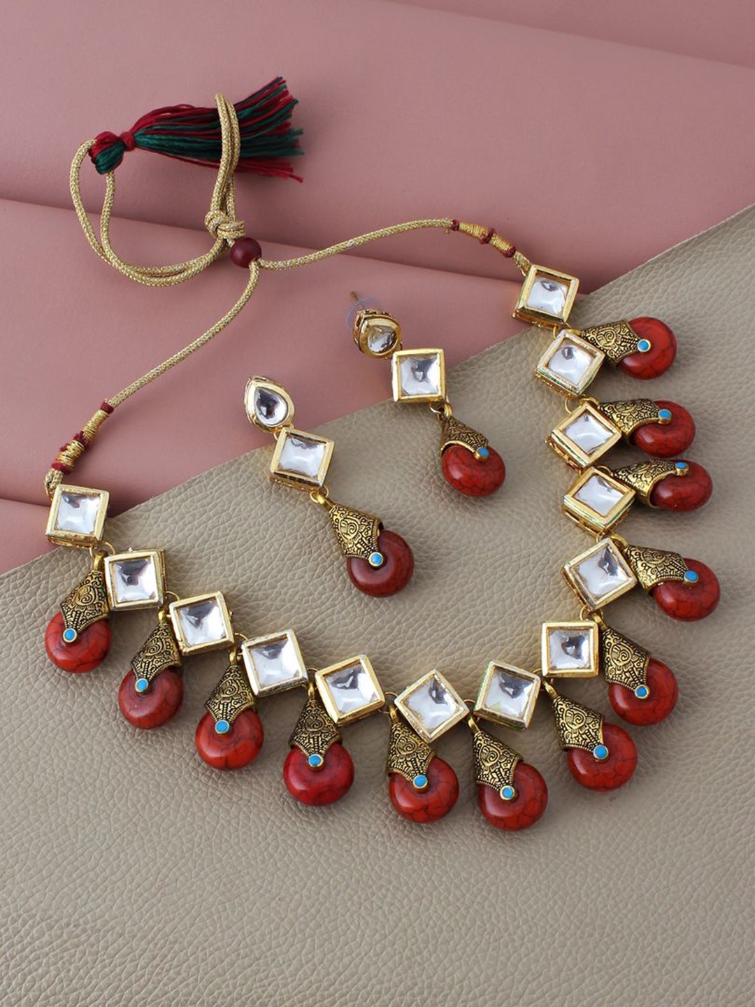 

LUCKY JEWELLERY Gold-Plated White & Red Kundan-Studded & Beaded Jewellery Set