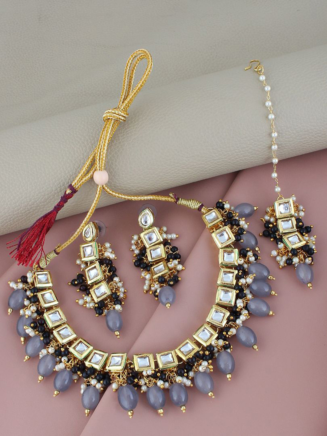 

LUCKY JEWELLERY Gold-Plated White & Grey Kundan-Studded & Beaded Jewellery Set