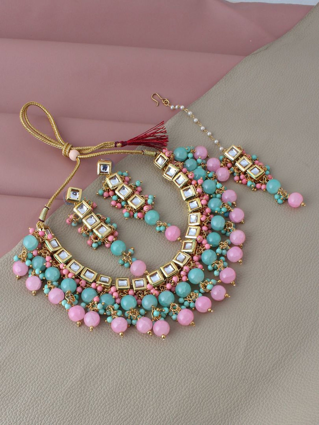 LUCKY JEWELLERY White & Pink Gold-Plated Kundan-Studded & Beaded Jewellery Set