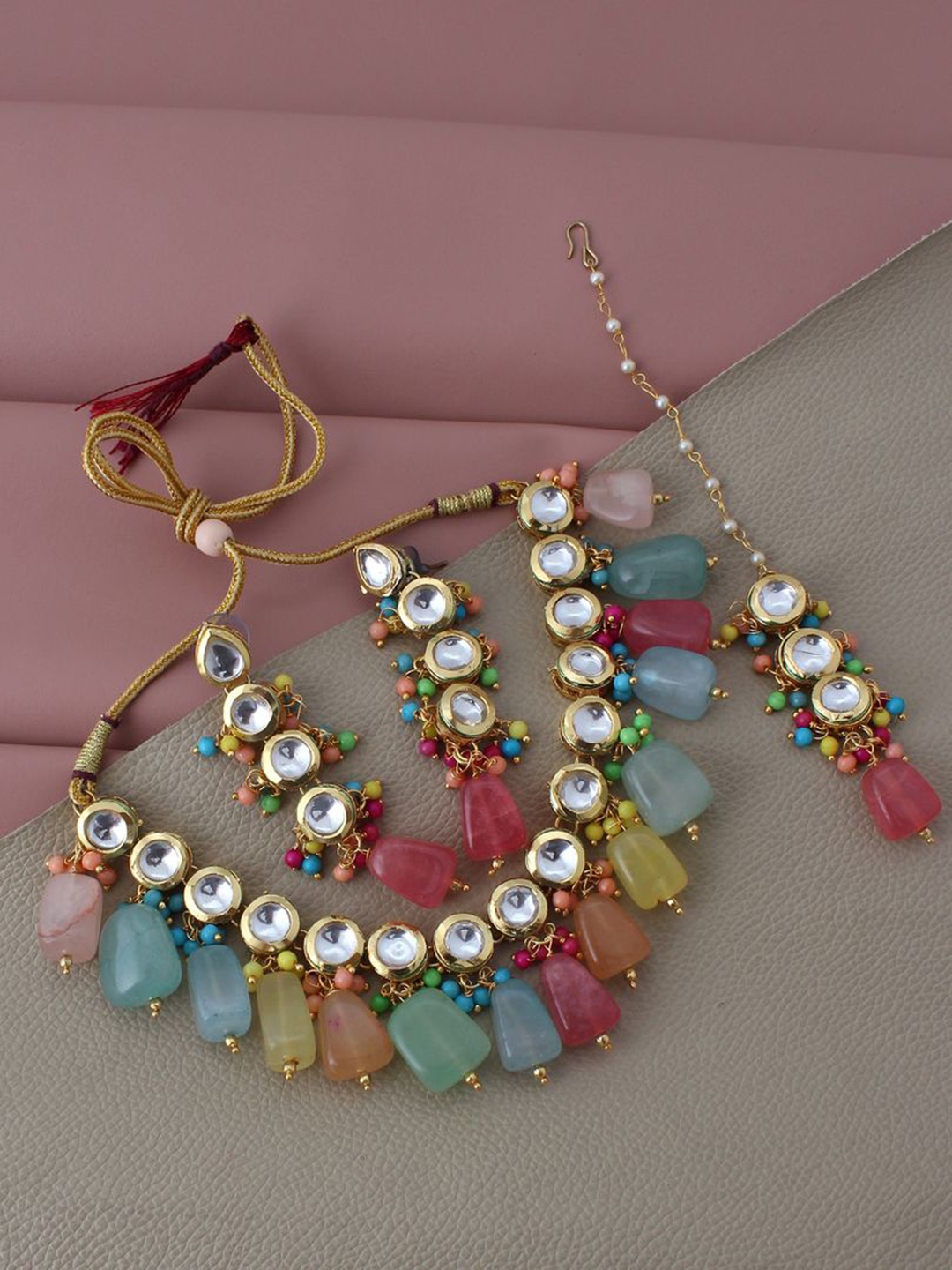 LUCKY JEWELLERY Gold-Plated White & Blue Kundan-Studded & Beaded Jewellery Set