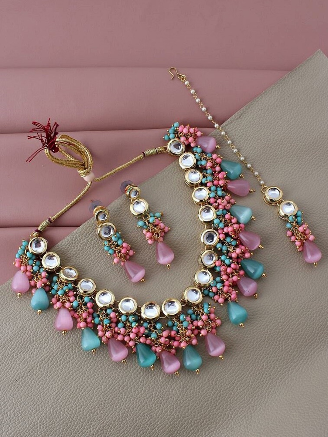 

LUCKY JEWELLERY 18K Gold-Plated Multicoloured Kundan-Studded & Pearl Beaded Jewellery Set, Multi