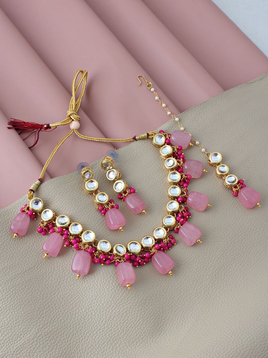 

LUCKY JEWELLERY Gold-Plated White & Pink Kundan-Studded & Beaded Jewellery Set