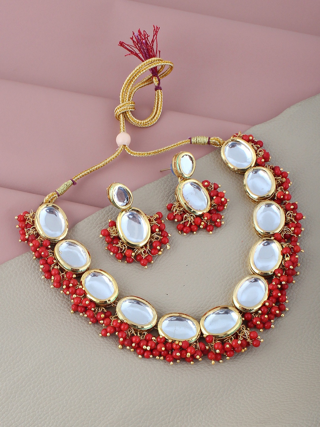 

LUCKY JEWELLERY Gold-Plated Red Kundan Studded Jewellery Set