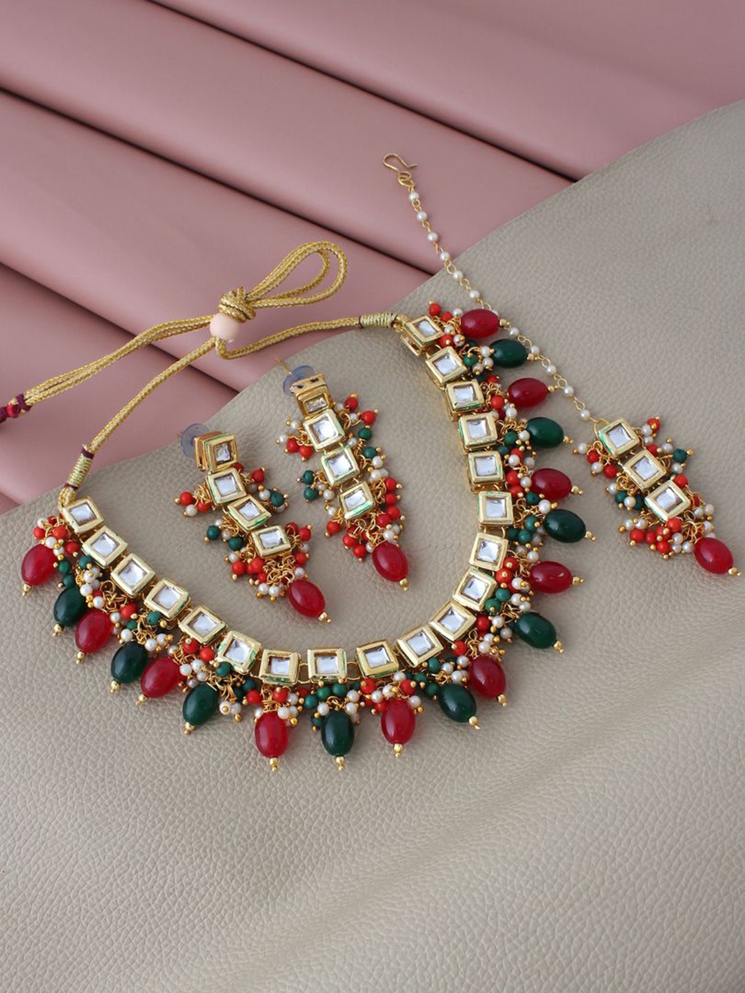

LUCKY JEWELLERY Gold-Plated Maroon Green Kundan Studded Jewellery Set