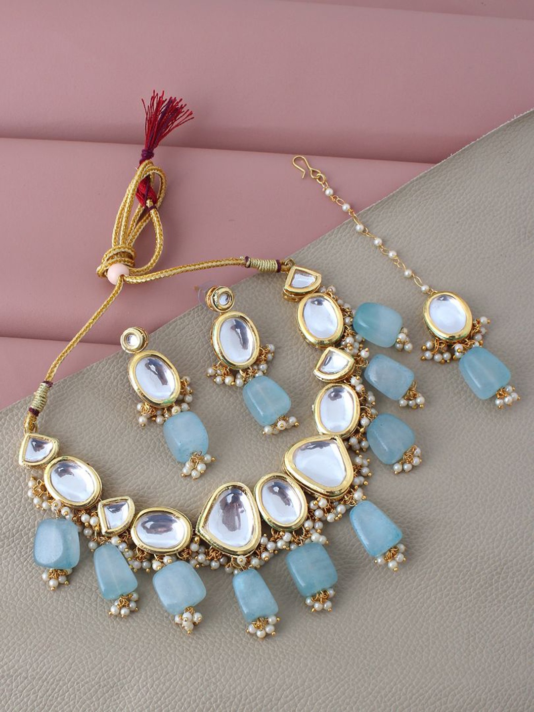 

LUCKY JEWELLERY 18K Gold-Plated White & Green Kundan-Studded Pearl Beaded Jewellery Set