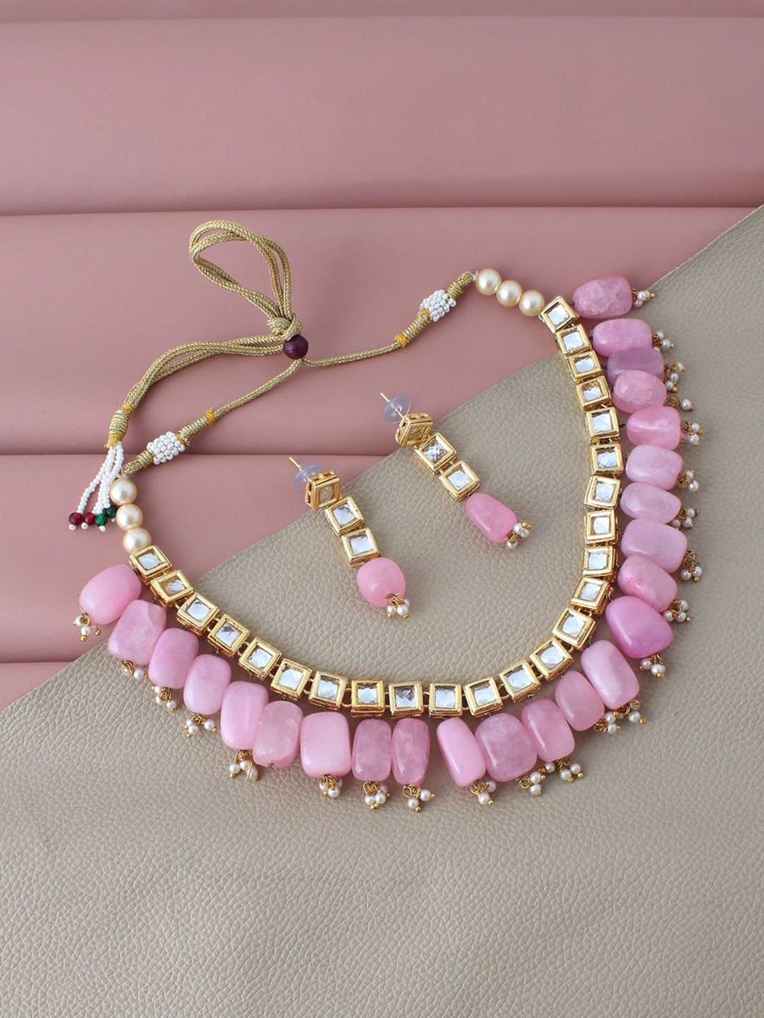 

LUCKY JEWELLERY Gold-Plated & Pink Kundan-Studded & Beaded Jewellery Set