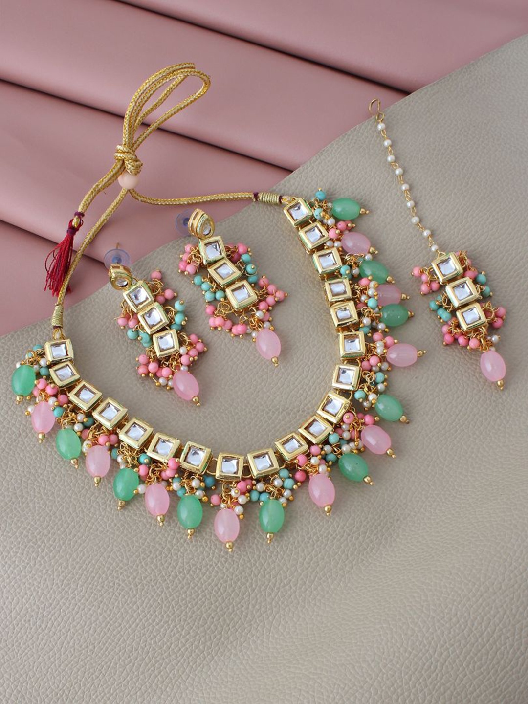 

LUCKY JEWELLERY Gold-Plated White & Pink Kundan-Studded & Beaded Jewellery Set