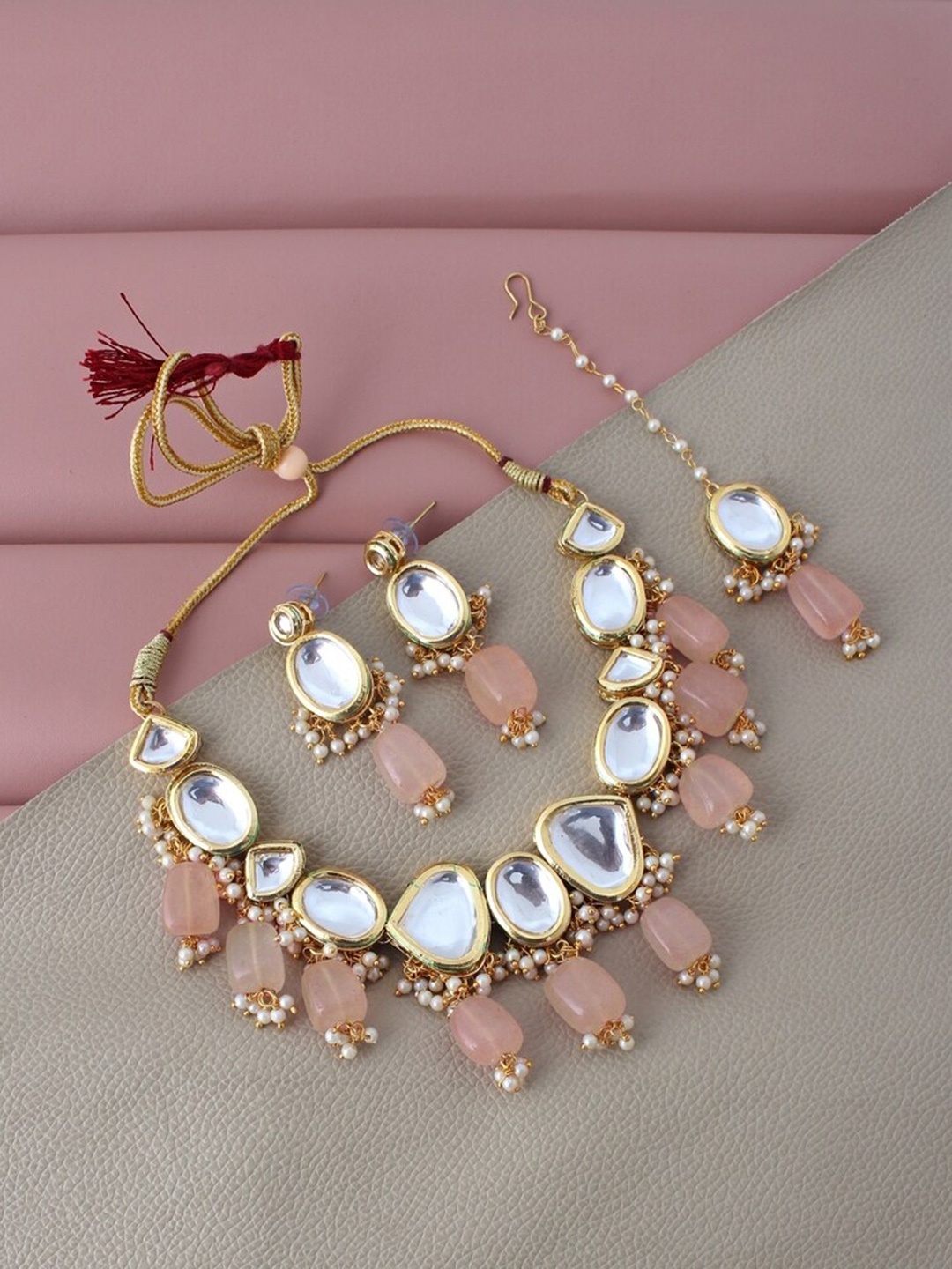 

LUCKY JEWELLERY Gold-Plated White & Pink Kundan-Studded & Beaded Jewellery Set