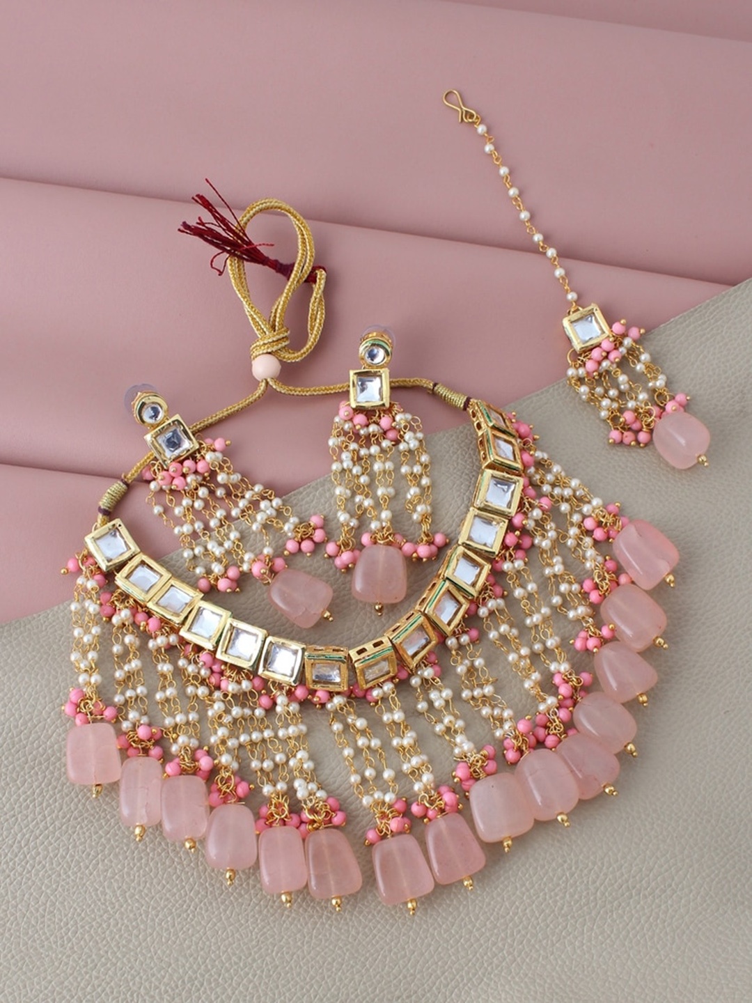 

LUCKY JEWELLERY 18k Gold-Plated Pink Kundan-Studded & Beaded Jewellery Set