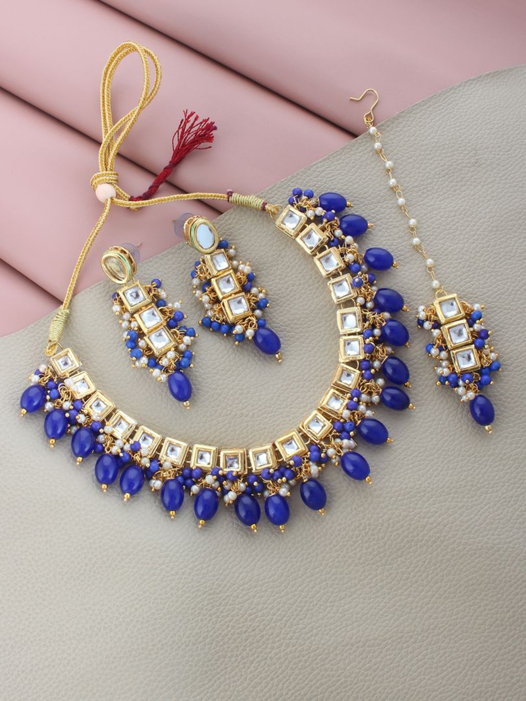

LUCKY JEWELLERY 18K Gold-Plated White & Blue Kundan-Studded Pearl Beaded Jewellery Set