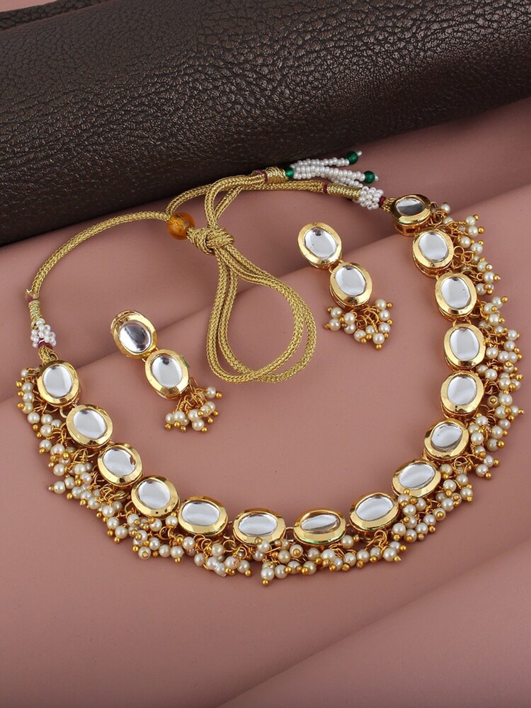 

LUCKY JEWELLERY 18k Gold-Plated White Kundan-Studded & Beaded Jewellery Set