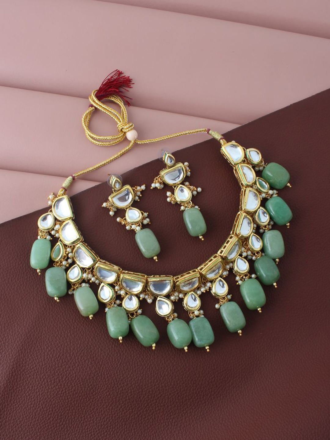 

LUCKY JEWELLERY 18K Gold-Plated White & Green Kundan-Studded & Pearl Beaded Jewellery Set