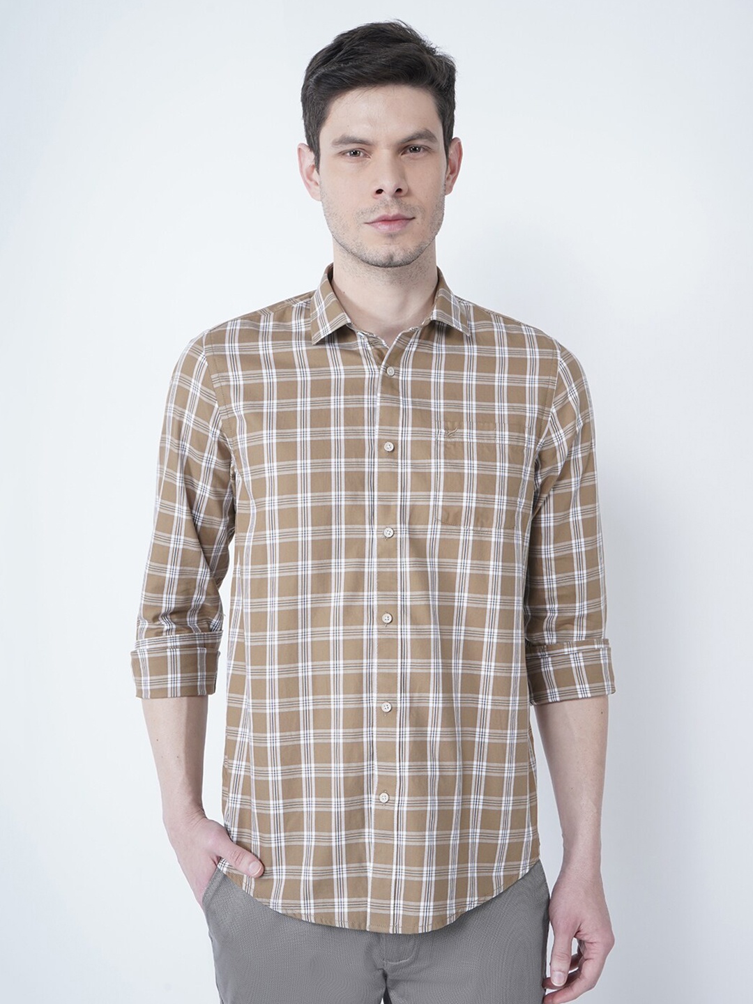

Blackberrys Men Beige Slim Fit Tartan Checks Checked Casual Shirt