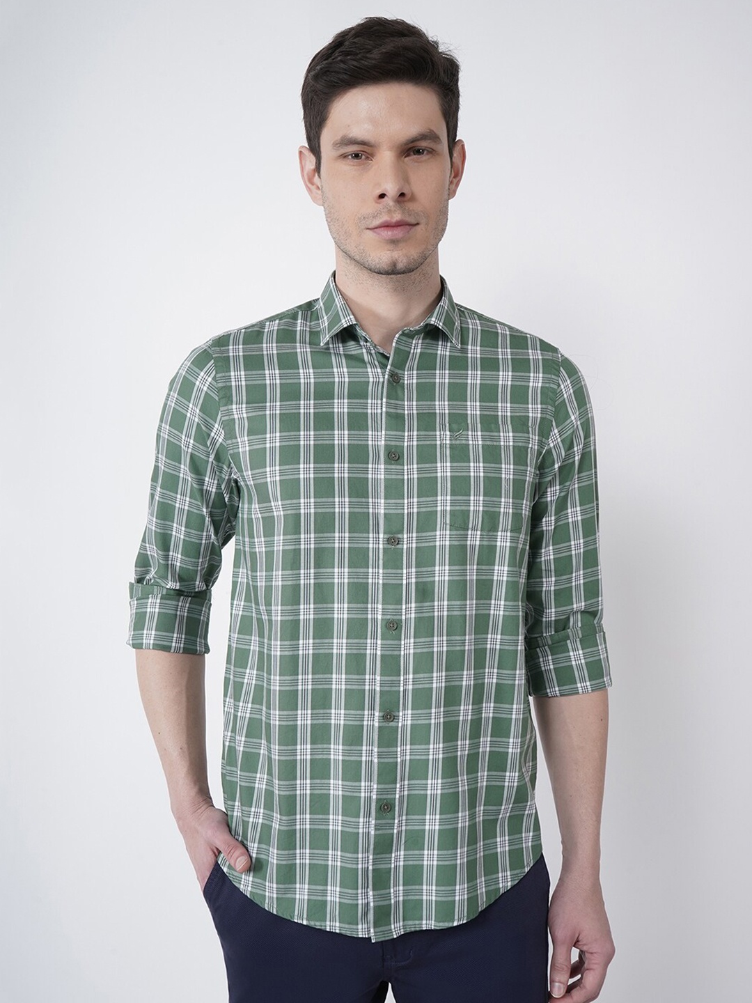 

Blackberrys Men Olive Green Slim Fit Tartan Checks Casual Cotton Shirt