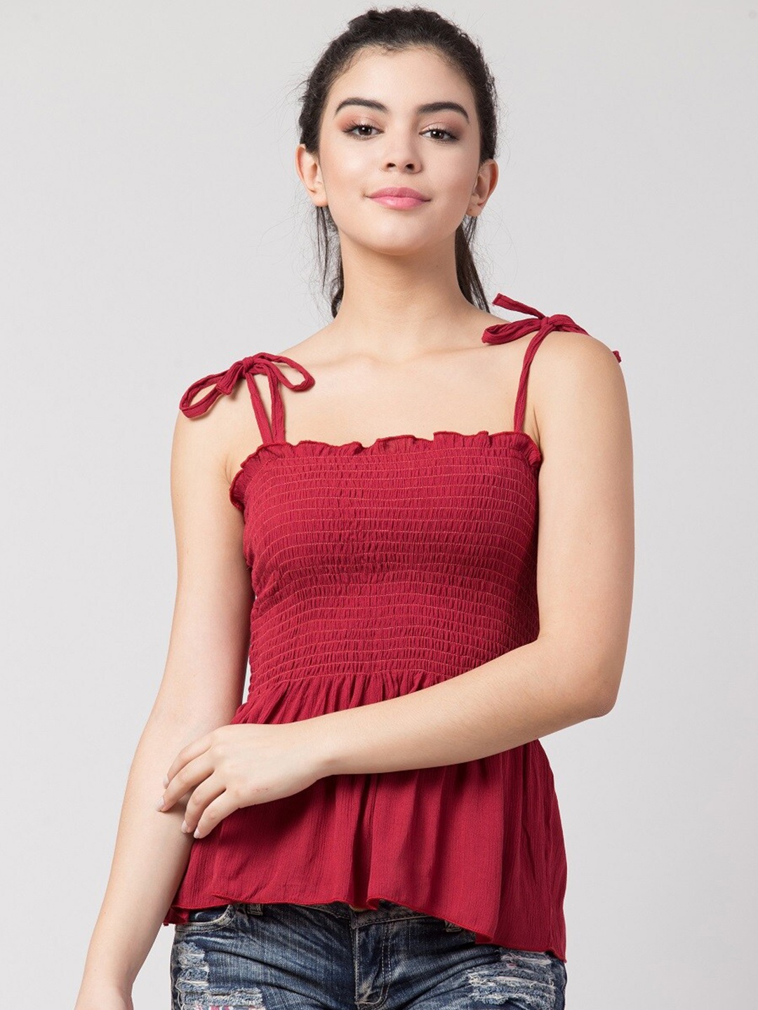 

Gaurgeous Maroon Solid Smocked Top