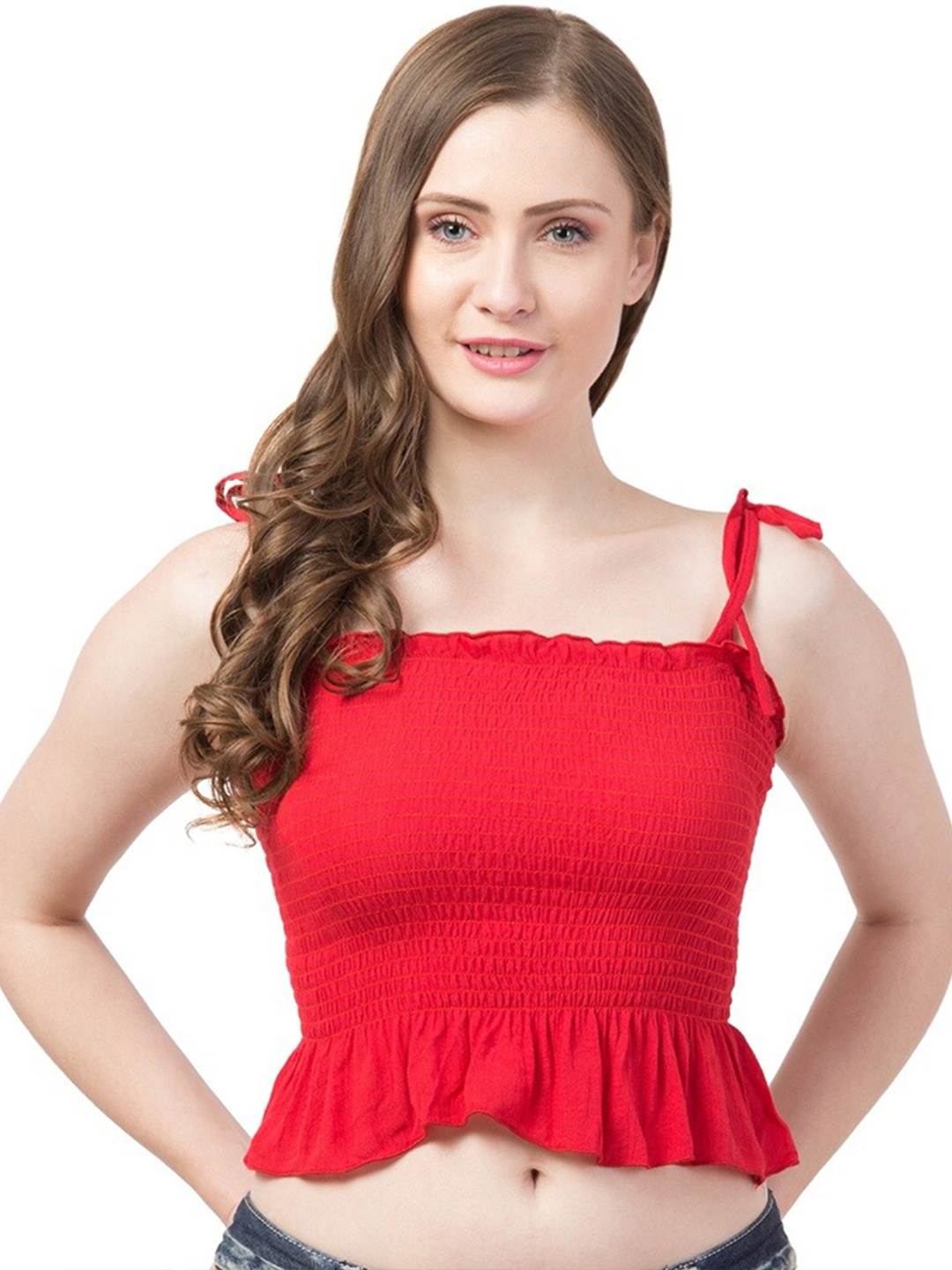 

Gaurgeous Women Red Smocked Peplum Crop Top