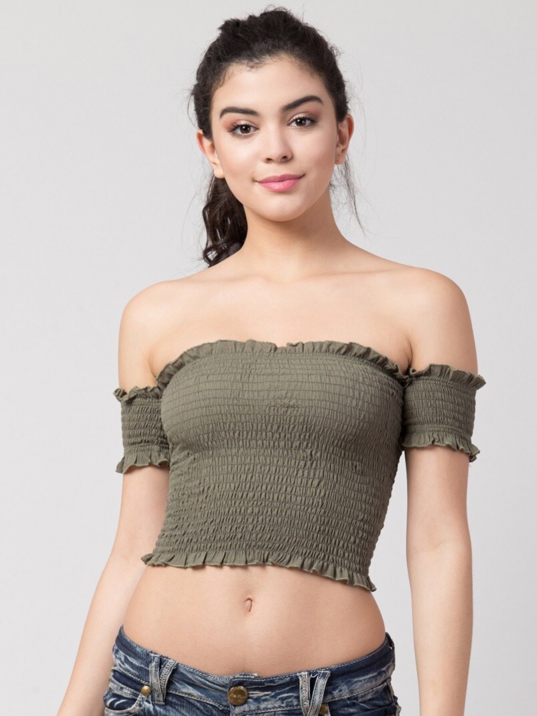 

Gaurgeous Green Off-Shoulder Bardot Crop Top