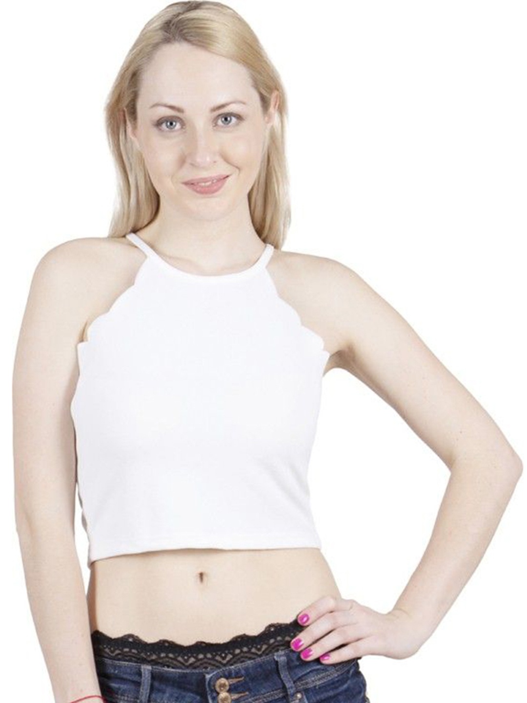 

Gaurgeous Women White Sleeveless Halter Neck Crop Top