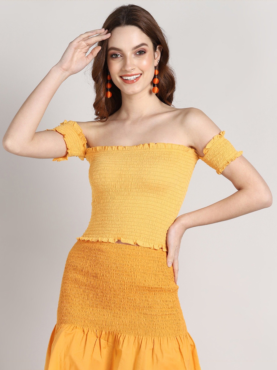 

Gaurgeous Yellow Off-Shoulder Smocked Top