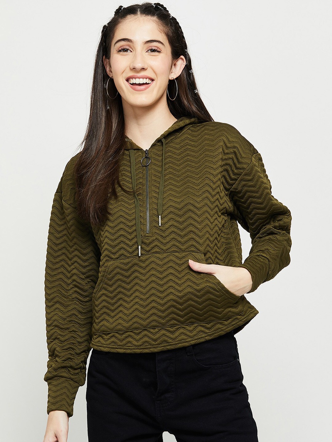 

max Women Olive Green Striped Windcheater Tailored Jacket