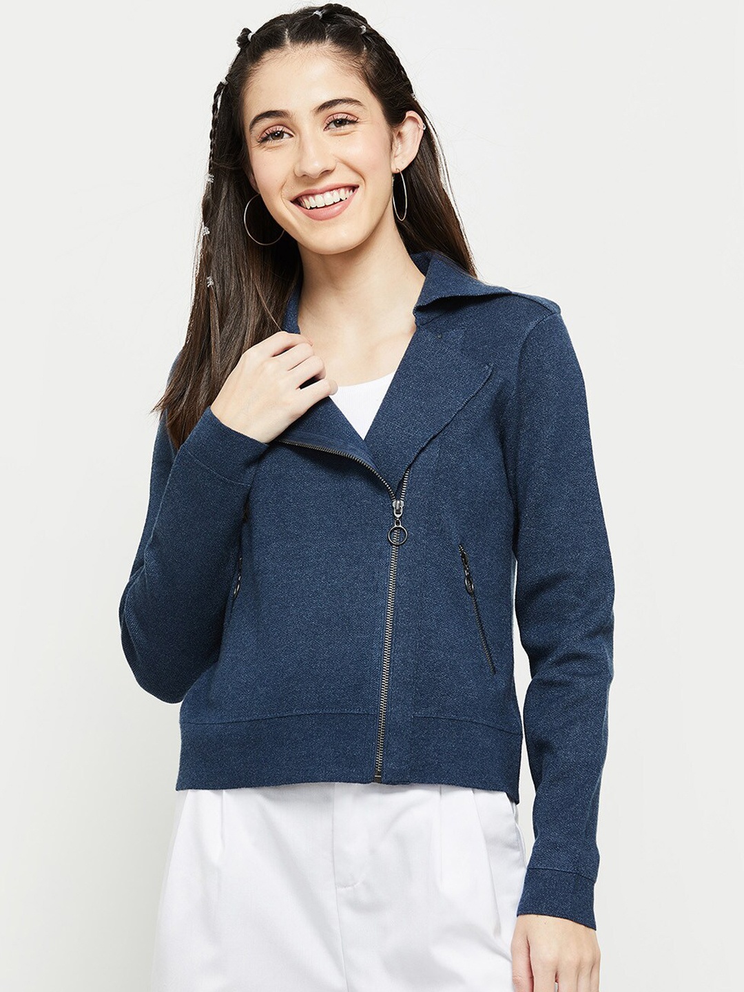 

max Women Navy Blue Windcheater Crop Tailored Jacket