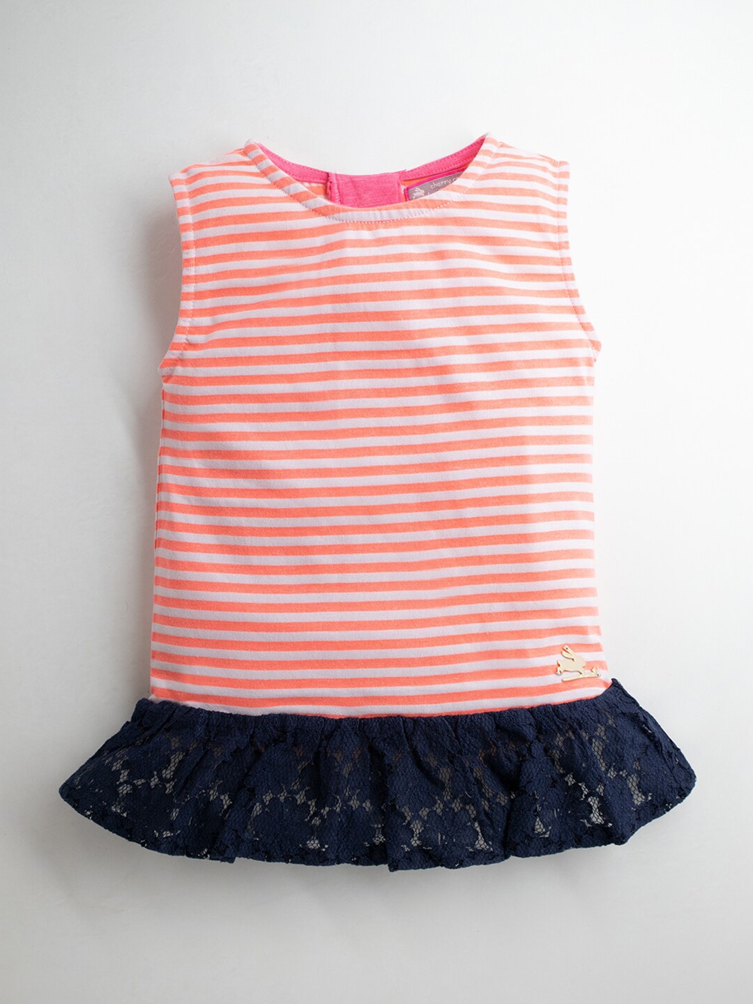 

Cherry Crumble Girls Coral Striped Lace Detail Peplum Top